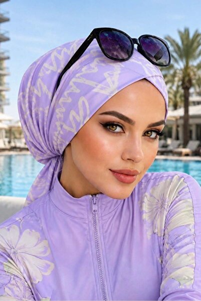 Aişe tesettür Lila Beyaz Çapoz Pool - Deniz Bonesi