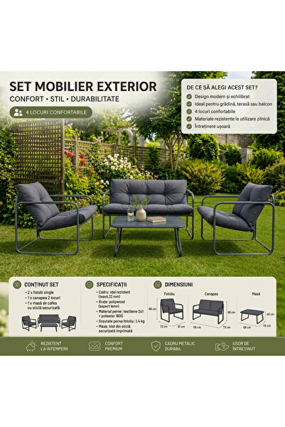 Extramall Set mobilier grădină 4 piese – canapea 2 locuri, 2 fotolii și masă ...