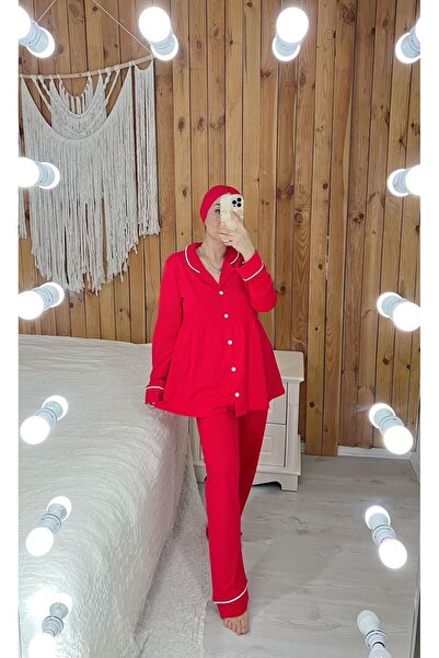 ByGamzeArman Hijab Boneli Red Color Wide Fit Maternity Pajama Set