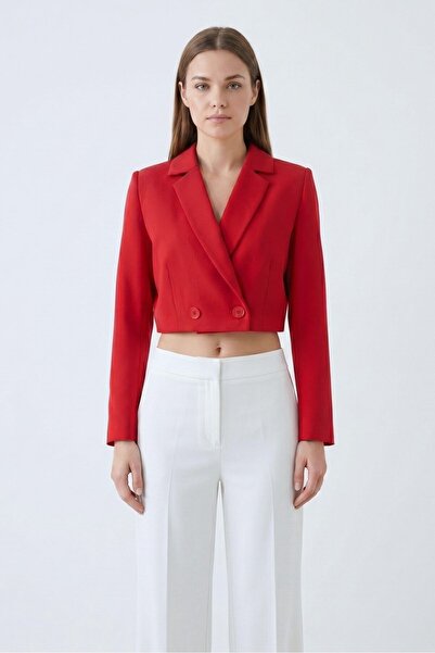 Saade Kadın Regular Fit Kruvaze Kapama Dokuma Crop Blazer Ceket -Şık & Spor