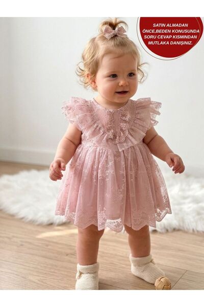aysskids Yasemin 2 Dantel Detaylı Bayramlık Özel Gün Kız Çocuk Bebek Elbise
