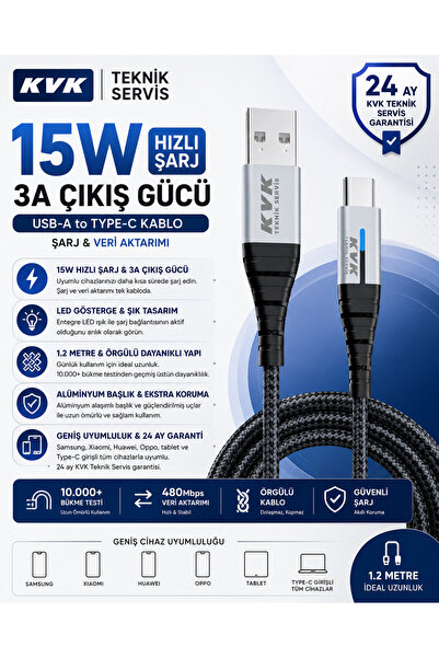 3A USB-A to Type-C 15W Hızlı Şarj Kablosu | LED Göstergeli | 1.2 Metre | Örgülü Tasarım & Alüminyum Başlık | 10.000+ Bükme Testli | Şarj ve Veri Aktarımı | 24 Ay Garanti