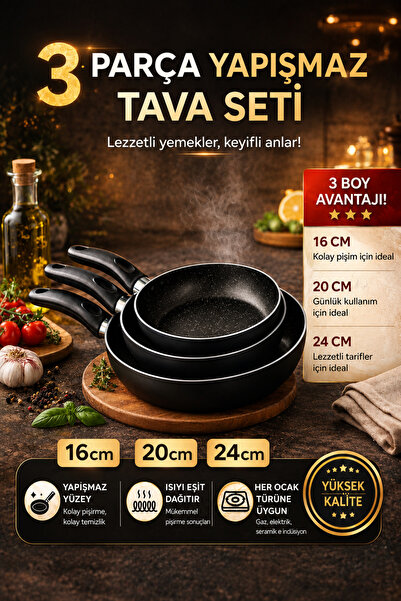 sobapark Yanmaz Yapışmaz Teflon Tava Seti 16 20 24 Cm Siyah Renk Teflon Tava ...