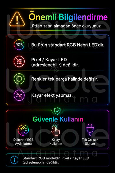 luciole 2 Metre RGB Neon Şerit LED Işık | AuraFlex Serisi | Esnek Silikon Yapı & Kumandalı Renkli Aydınlatma