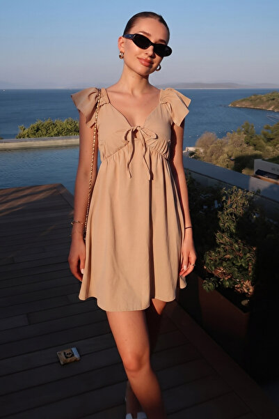 armonika Women's Beige V-Neck Dress with Ruffled Sleeves and Ruffled Hem, Tie...