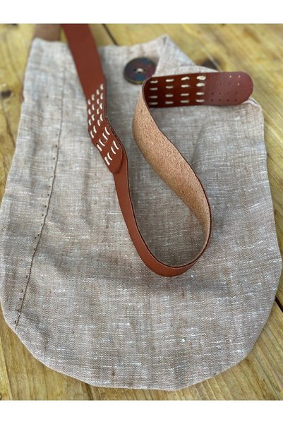 Bohemian Linen Beach Bag with Tan Color Leather Strap