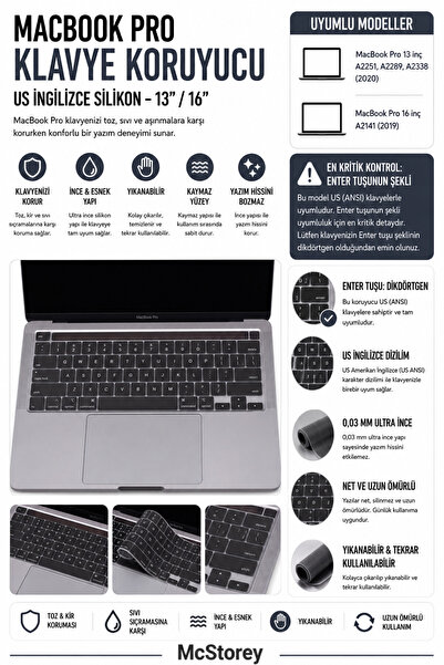 Mcstorey Macbook Pro Kılıf Klavye Koruyucu 13inç M1 M2 Ingilizce Baskı (US-AB...