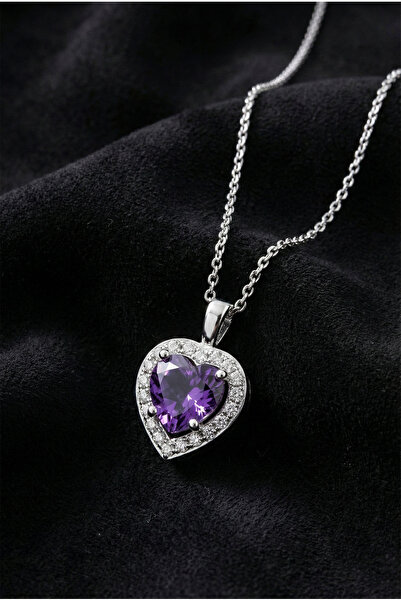 Roza Silver 925 Ayar Ametist Taşlı Rodyum Pırlanta Görünümlü Kalp Gümüş Kolye