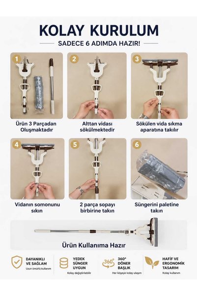 meteshopping Kelebek Sıkma Mekanizmalı Mikrofiber Mop Sünger Sıkmalı Mop+Bez Hediyeli