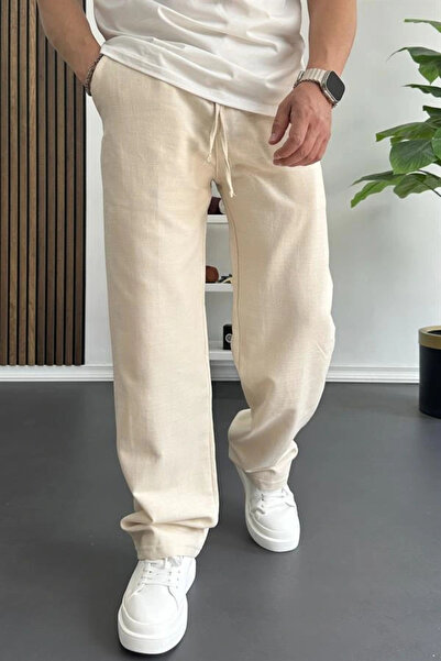 Edwox Men's Elastic Waist Baggy Fit Trousers Cream Edw356