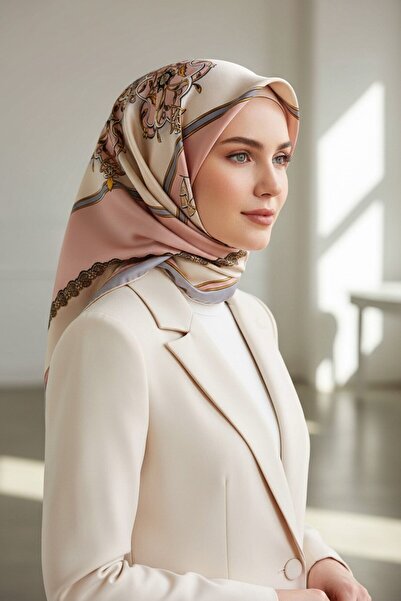 Vissona %100 Twill Barok Desenli Pudra - Gri Renkli 90x90 Eşarp Dikim Şekli: ...