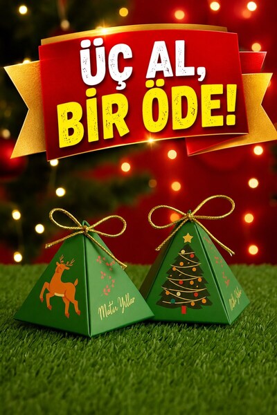 Emtory Home Çam Ağacı Geyikli Yeşil 10'lu Piramit Kutu - Hediye Kutusu - Yılb...
