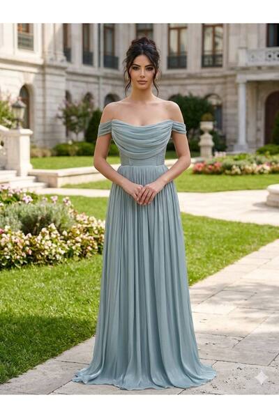 Gülcan Luxury Vixen Kayık Yaka Piliseli Uzun Abiye