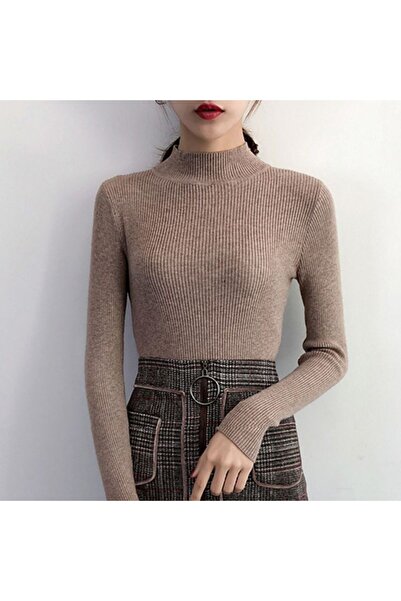 Choice One Size Khaki Autumn Winter Mock Neck Women Sweater Vintage Basic Sol...