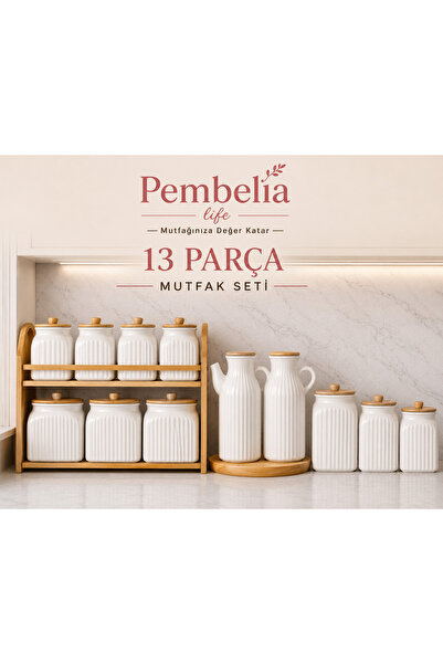 Pembelia Life 13 Parça Porselen Bambu Standlı 2li Çizgili Yağdanlık,3’lü Kava...