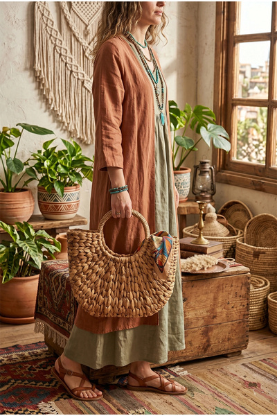 AVANTAGE HOME Moss - Water Hyacinth Natural Hand Knitted Lined Straw Bag Small