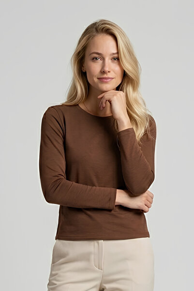 penyebizden Γυναικείο T-shirt με λαιμόκοψη Viscose Lycra μακρυμάνικο-καφέ