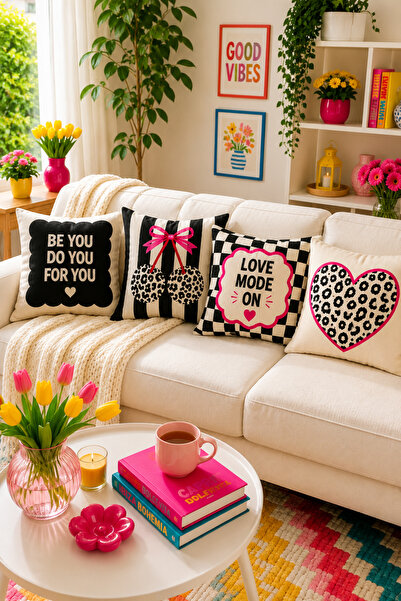 Ays Home Black Ecru Modern Home Garden Balcony Decorative 4-Piece Cushion Cover Set (Double-sided)