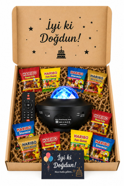 elieldam Doğum Günü Özel Gün Galaksi Gece Lambası 21 Işık Gösterisi + Haribo ...