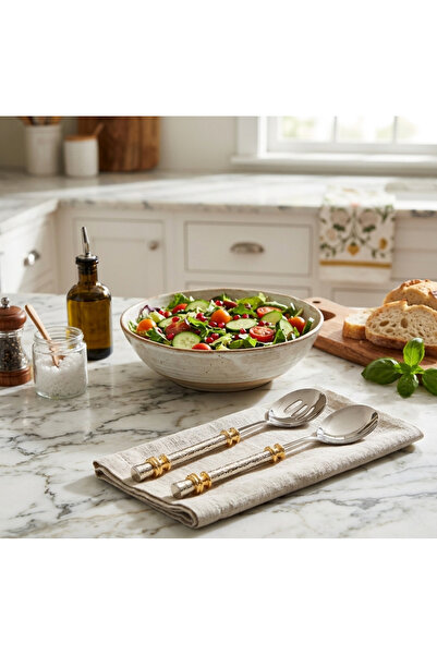 Mu Art İstanbul ikili atın gümüş saplı çelik uçlu salata servis kaşığı