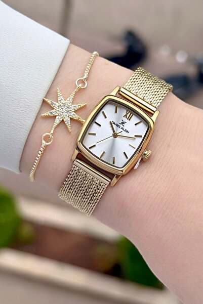 Daniel Klein Gold Color Straw Cord Women's Wristwatch+Bracelet