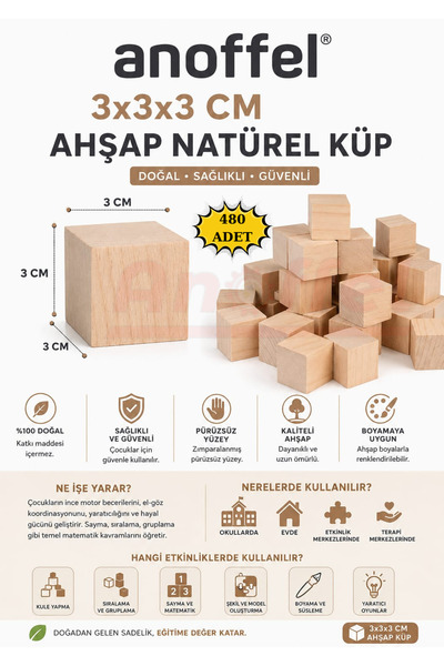 Anoffel Wooden Natural Cube Blocks 3X3X3 cm 480 Pieces