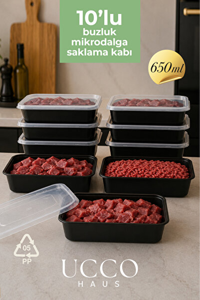 UCCO 650 ml Kapaklı Buzluk Mikrodalga Saklama Kabı - 10 Adet- Et, Kıyma, Sebz...