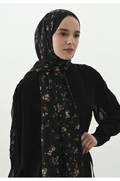 Freshscarfs Siyah Tıny Blooms Desenli Pamuk Viskon Şal