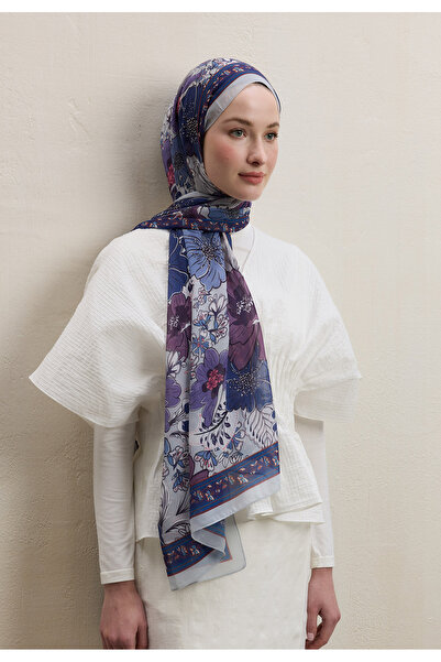 Freshscarfs Lavanta Dahlıa Desen İpek Krep Şal