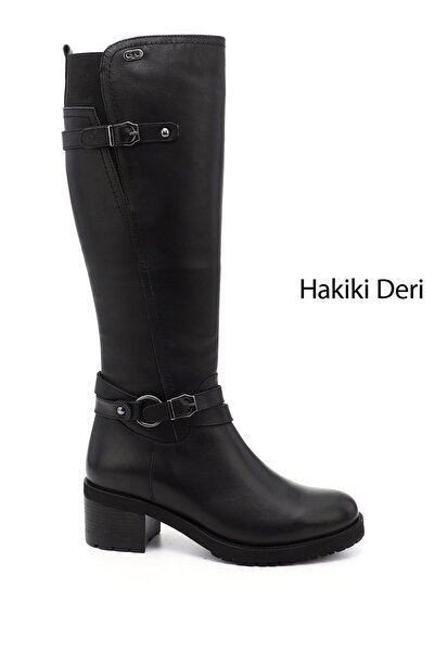 GÖNDERİ(R) Kadın Siyah Fermuarlı Kalın Topuklu Hakiki Deri Çizme