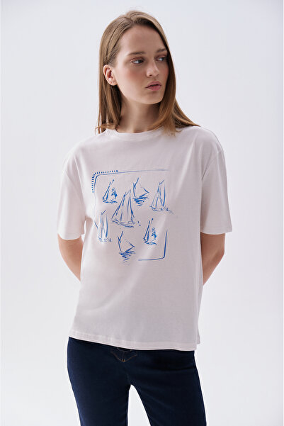 Mudo Women's Off-White Printed Crew Neck T-Shirt