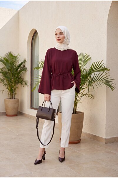 Modamorfo Asymmetrical Cut, Lace-Up Waist, Oversize Modal Tunic - Burgundy