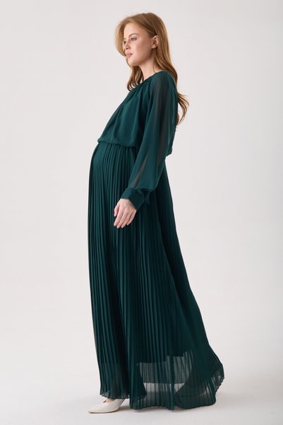 KATLİN MATERNİTY WEAR Maternity Green Pleated Chiffon Dress, Elastic Waist, Lined Inside