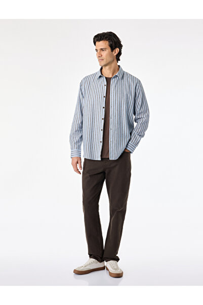 Koton Regular Fit Classic Collar Cotton Linen Blend Long Sleeve Striped Shirt