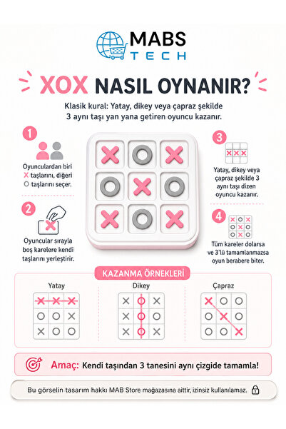 Mabs Tech Çocuklar İçin Tic Tac Toe XOX Zeka Oyunu 10x10 cm – Dikkat, Strateji ve Konsantrasyon Geliştirici Eğitici Mini 3D Masa Oyunu