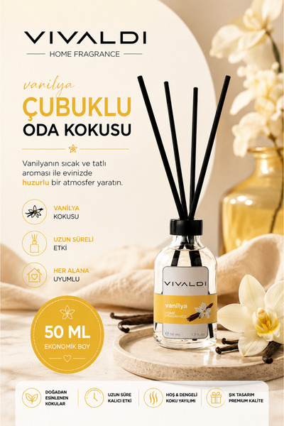 Vivaldi Home Vanilya Çubuklu Oda Kokusu 50 ml, Tatlı ve Sıcak Koku, Kalıcı Or...