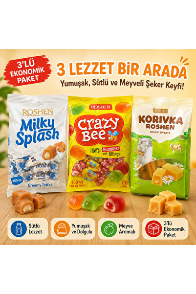 Roshen 3’lü Tatlı Seti – Karamelli Korivka, Milky Splash ve Crazy Bee | İthal...