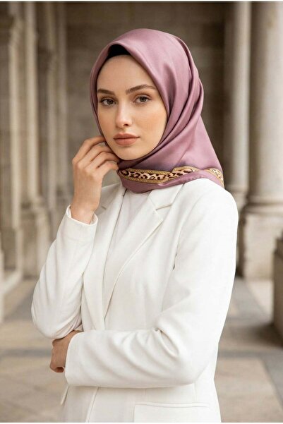 Vissona %100 Twill İpek Bordürü Leoparlı Düz Desenli Gül Kurusu - Gold Renkli...