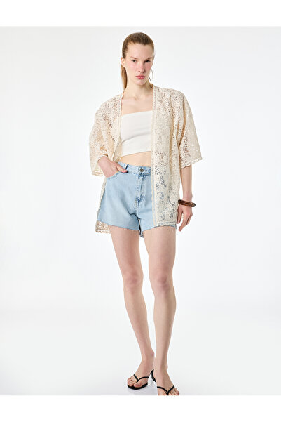 Koton Semi-Sheer V-Neck Short-Sleeved Floral Textured Lace Cardigan