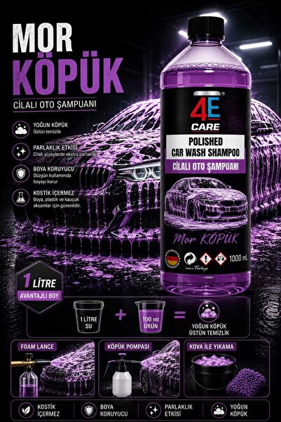 4E CARE ULTRA MOR CİLALI OTO YIKAMA KÖPÜĞÜ 1 LT (OTO YIKAMA SÜNGERİ HEDİYELİ)