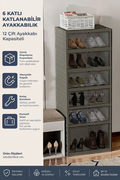 Kitchen Life 6 Katlı 12 Ayakkabı Kapasiteli Katlanabilir ve Taşınabilir Porta...