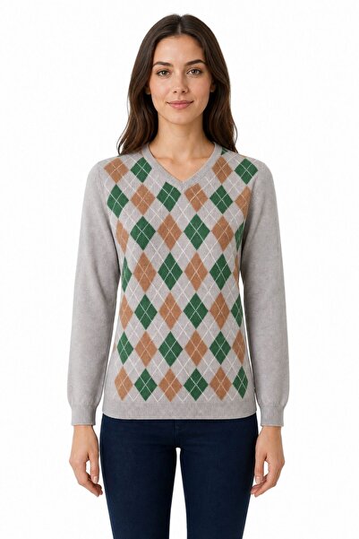 Desen Triko Women's V-Neck Diamond Pattern Wool Sweater Beige/Red