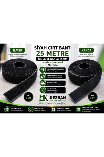 Kezban Tekstil Siyah Cırt Cırtlı Bant 25 Metre 2 Çift Taraflı Amerikan Fermua...