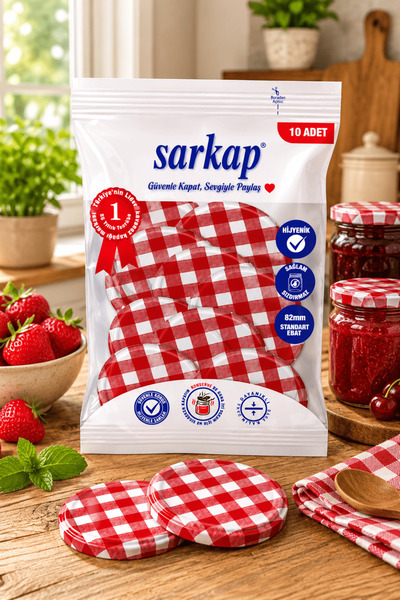 Sarkap Hijyenik Paketli 10 adet Kavanoz Kapağı – Mat Kırmızı Ekose – 82 mm