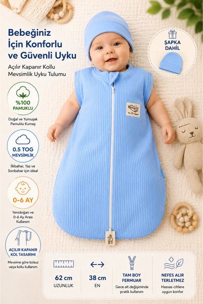Tomuycuk كيس نوم للأطفال الأولاد باللون الأزرق، 100% قطن، من 0 إلى 6 أشهر، بأكمام قابلة للطي، مع قبعة موسمية لحديثي الولادة