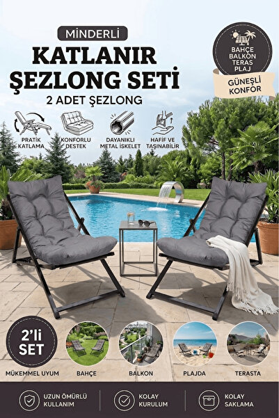 MOONLİGHT 2'li Set Minderli Katlanır Şezlong | Tam Açılır Yatak Olan Balkon B...