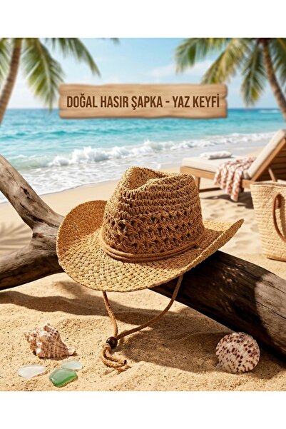 Virabio leather products Virabio Kadın %100 Hasır Kovboy Şapkası Ayarlanabili...
