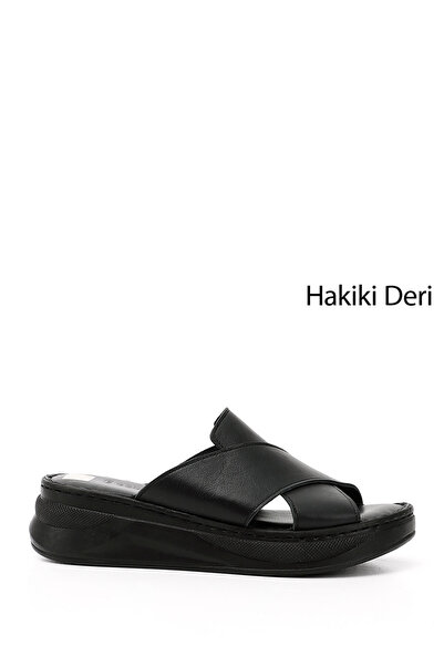 GÖNDERİ(R) Γυναικείες παντόφλες Comfort από γνήσιο δέρμα με μαύρο σταυρωτό λο...