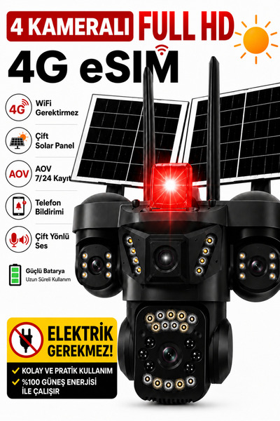 Naystek 4 Kameralı 4G eSIM Güneş Enerjili Güvenlik Kamerası - Sim Kartlı - Çi...
