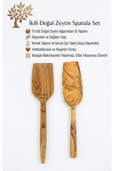 kamptek kamp teknolojisi Kamptek Olive Wood Handmade 2-Piece Kitchen Set - Natural Wooden Spatula and Serving Presentation Utensils